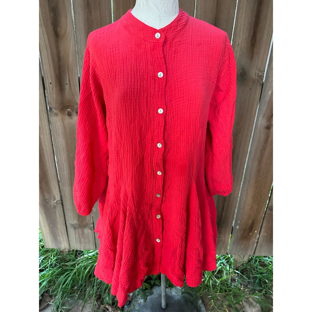 MADE WITH LOVE Italy LAGENLOOK Red Gauze Godet Layering TUNIC BLOUSE One Size